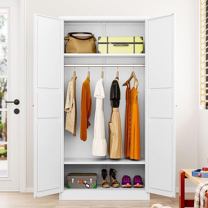 Metal Wardrobe Cabinet with Hanging Rod,White Armoire Wardrobe Closet,Metal Clothing Storage Cabinet with Adjustable Shelves and Doors,72
