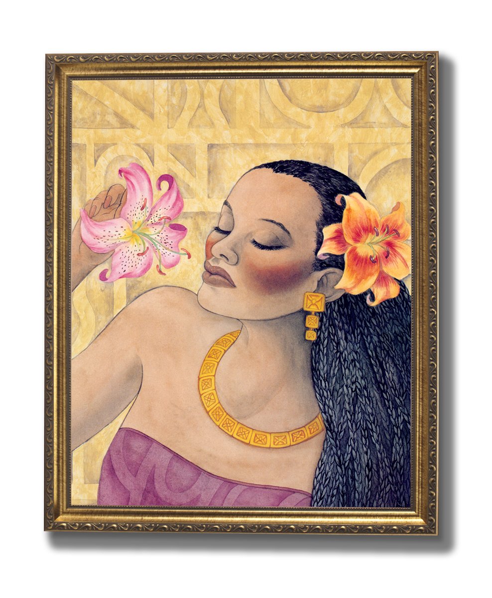 Gold Framed Wall Art - African American Black Girl Art Print With Floral Decor