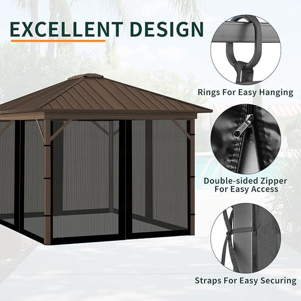 Replacement Gazebo Mosquito Netting 12' x 12',Universal Netting for Canopy Tent,4-Panel with Zipper for Outdoor Patio,Backyard (Mosquito Net Only,Black)