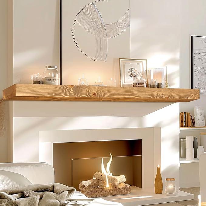72x7x3 Fireplace Mantel - Solid Rustic Wood - Wall Mounted Floating Shelf with Invisible Heavy Duty Steel Bracket (Natural Wood)
