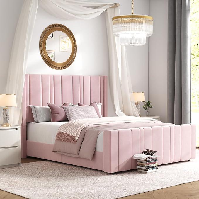 HOMBCK Queen Bed Frame Pink Upholstered Bed with Vertical Channel Tufted Headboard & 22