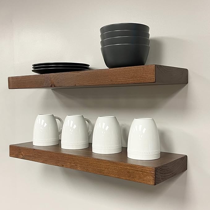 URBANDI, Rustic Floating Shelves, Set of 2, Hidden Bracket, Solid Wood, Heavy Duty, Wall Mounted Shelves, (Provincial, 60Wx12D)