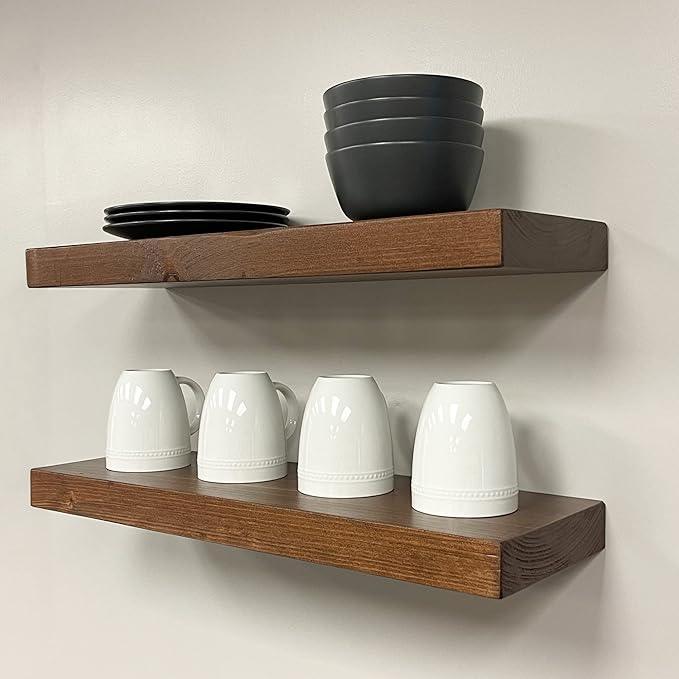 URBANDI, Rustic Floating Shelves, Set of 2, Hidden Bracket, Solid Wood, Heavy Duty, Wall Mounted Shelves, (Provincial, 36Wx6D)