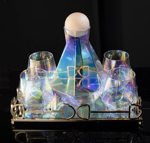 Diamond Iridescent Glass Diamond Decanter and Glasses Set, The Wine Savant Rainbow Iridescent Comes With A Diamond Decanter 4 Whiskey/Wine Diamond Glasses, 1 Tray and a Perfect Box