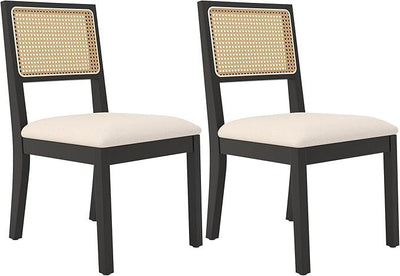 Westice Rattan Dining Chairs Set of 2, Farmhouse Natural Dining Room Chairs with Upholstered Cushion, Wood Armless Chairs for Kitchen/Restaurant, Black