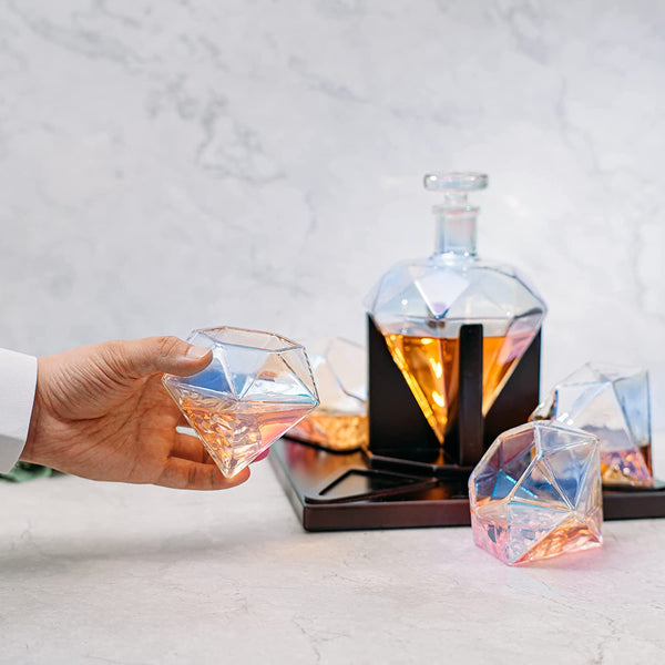 Diamond Iridescent Whiskey and Wine Decanter, Great Gift! 750ml With 4 Diamond Glasses and Beautiful Mahogany Wooden Holder Liquor, Scotch, Rum, Bourbon, Vodka, Tequila Decanter