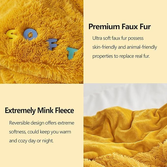 GONAAP Fuzzy Faux Fur Throw Blanket Twin Size Mustard Yellow Super Soft Cozy Plush Fuzzy Shaggy Blanket for Couch Sofa Bed (Mustard Yellow, Twin(60