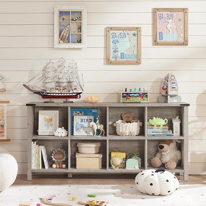 8 Cube Book Shelf, Farmhouse Wood Long Storage Organizer Bookcase, 62