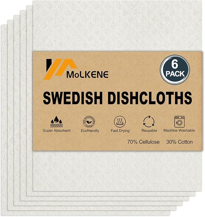 Swedish Dishcloths for Kitchen | 6 Pack Absorbent Cellulose Sponge Cloths Washable | Non-Scratch Reusable Paper Towels Quick Drying Cleaning Cloths - White