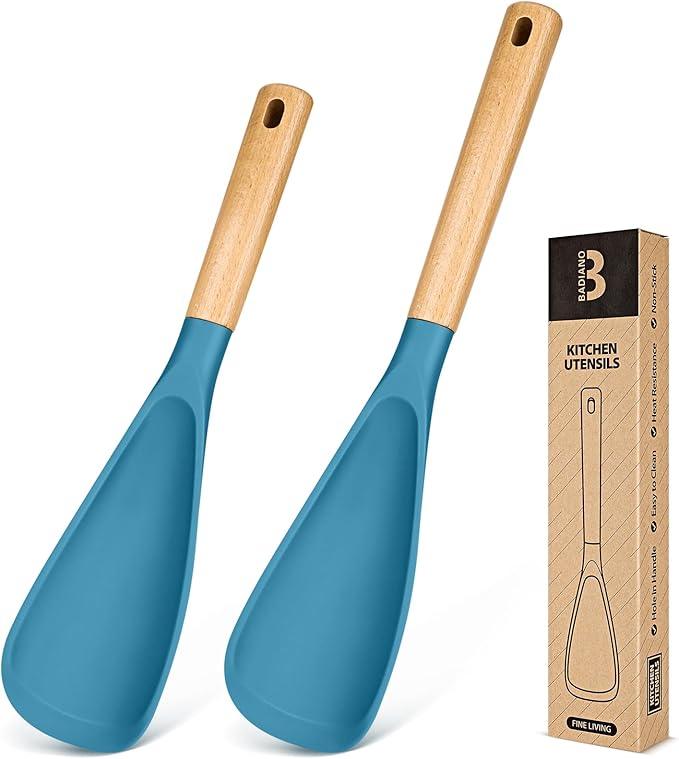 Multifunction Spatula Spoon for Nonstick Cookwares, Great for Cooking and Serving, Sturdy BPA-Free Matte Silicone, Wood Handle Spatula for Mixing, Scoop, and Scrape, Turquoise(2 pack,11.4