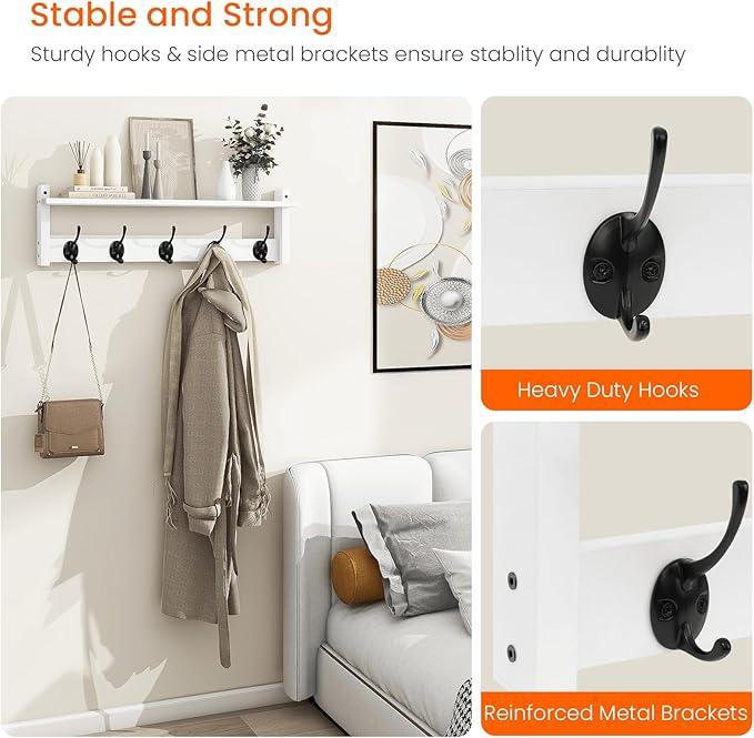 Homode Coat Rack with Wall Shelf and Hooks - 24 Inch Long, Wooden Hanging Coat Hanger with Hat Shelf for Entryway, Bathroom, Mudroom, White