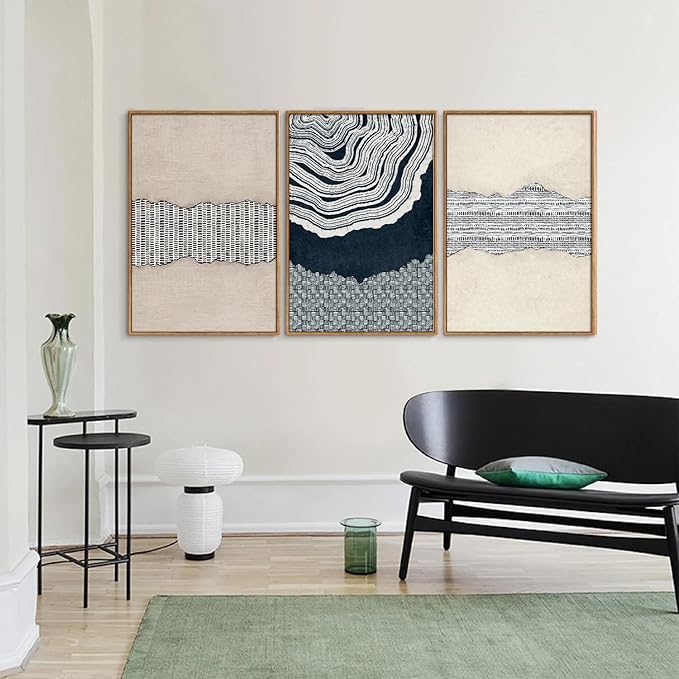 SIGNINART Blue and Beige Framed Canvas Wall Art Set, Neutral Abstract Tree Ring Wall Decor, Minimalist Dots and Line Artwork, Geometric Pattern Art Paintings for Living Room, Bedroom, Office 16