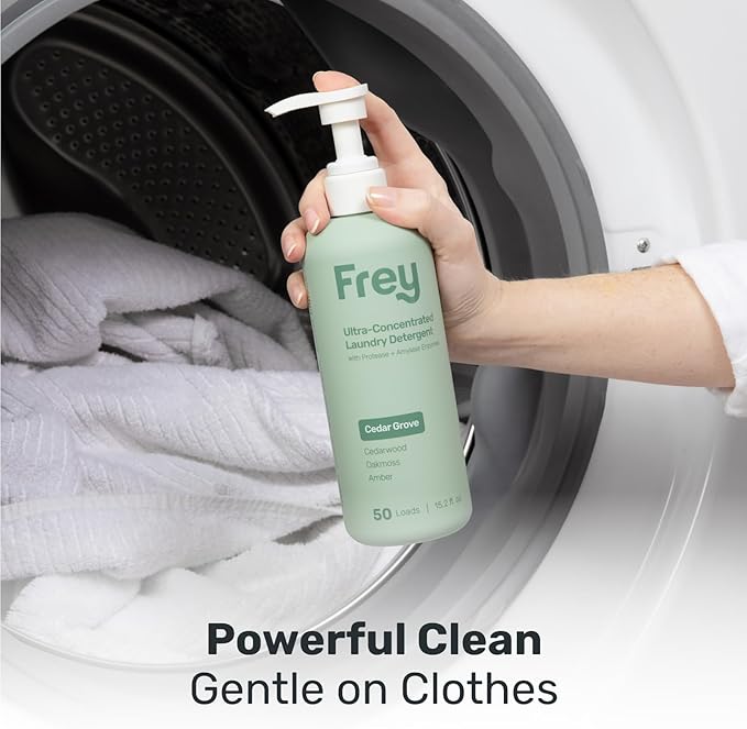 FREY Concentrated Liquid Laundry Detergent | Formulated for Sensitive Skin & HE Washers | Removes Stains Effectively | 50 Loads per Bottle (Cedar Grove & Bergamot Beach)