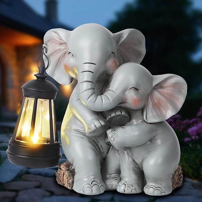 Solar Garden Decor - Mother Baby Elephant Statue with Solar Lantern 7