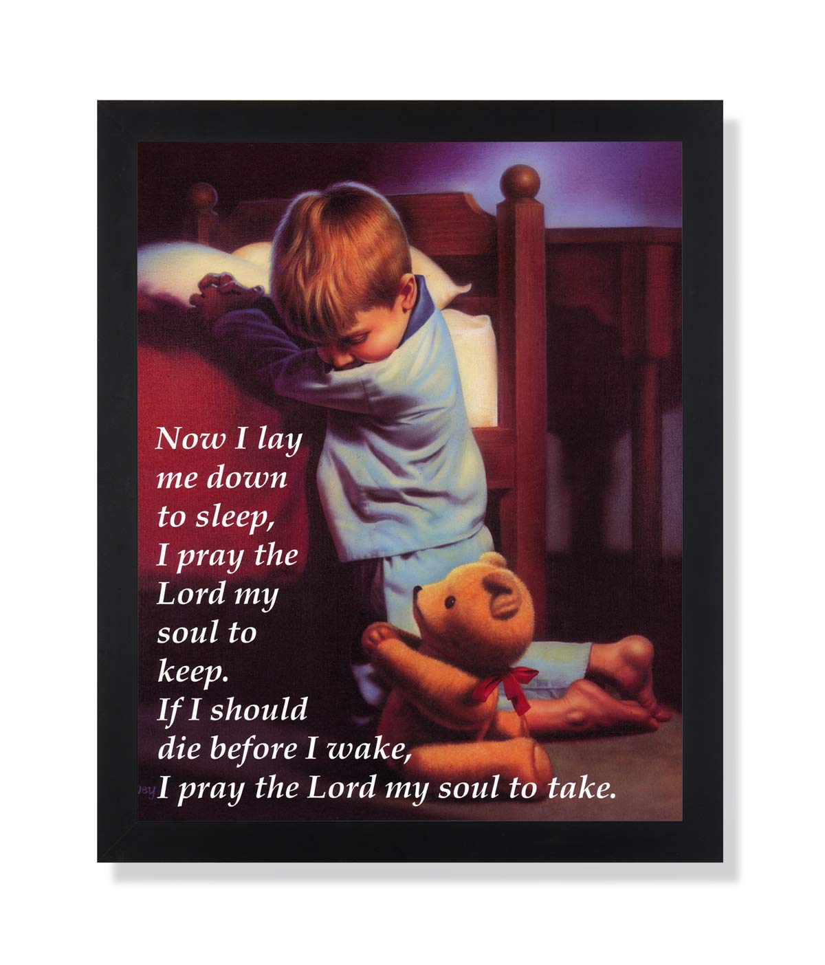 Framed Religious Art – Praying Boy Print with Teddy Bear in Black Wood Frame