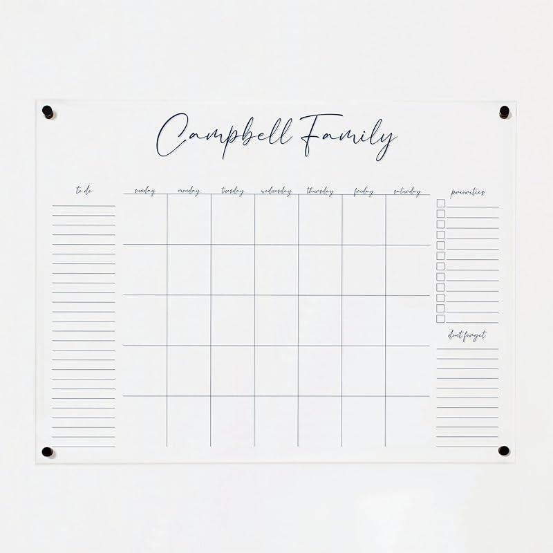 Personalized Clear Acrylic Calendar for Wall, Calendar Whiteboard for Wall, Dry Erase Wall Calendar, Wall Calendar Organizer System for Home (Cursive, Navy, 47.5