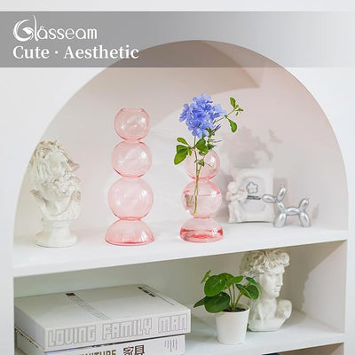 Glasseam Cute Pink Flower Vase, Unique Handmade Glass Vase for Flowers, Aesthetic Small Bud Vase Decor, Modern Ball Round Decorative Propagation Vases for Living Room Dining Table Decorations