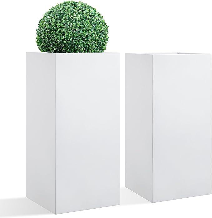 Metallic Heavy Tall Outdoor/Indoor Planter Box, Seamless Metal Planter, Rectangular, 14”Lx14”Wx30”H, ‎25 Pounds Each, Pure White, No Assembly and Seamless, Set of 2