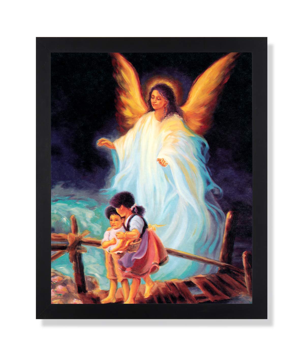 Guardian Angel Art Print – African American Children Protecting Bridge | Black Wood Frame