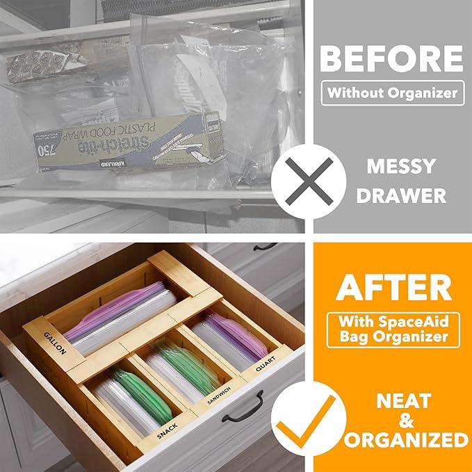 SpaceAid Bag Storage Organizer for Kitchen Drawer, Bamboo Organizer, Compatible with Gallon, Quart, Sandwich and Snack Variety Size Bag (4 Pack), 2.5