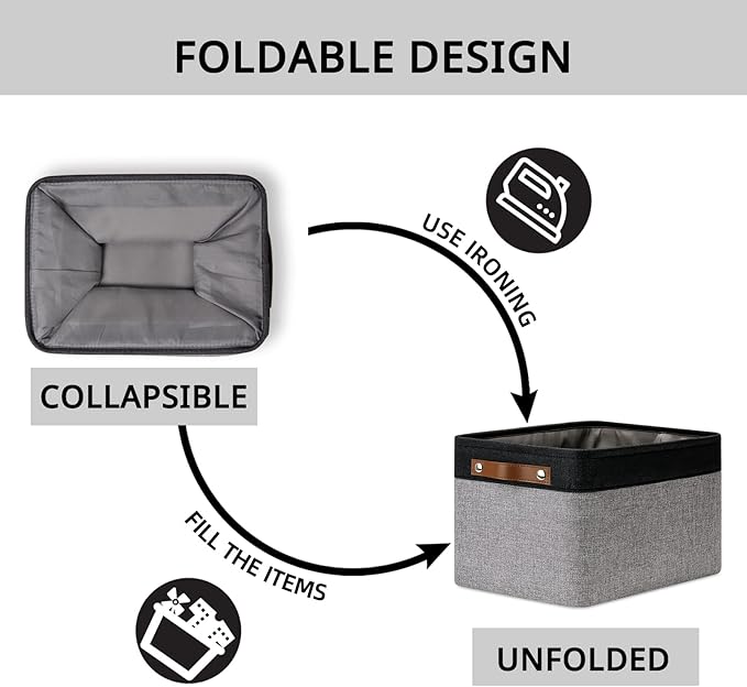 DULLEMELO Canvas Storage Bin with Handles, Fabric Bins for Shelves, Bedroom, Office,Nursery,Fabric Storage Baskets for Toys, Clothes,Gift(Black&Grey,15