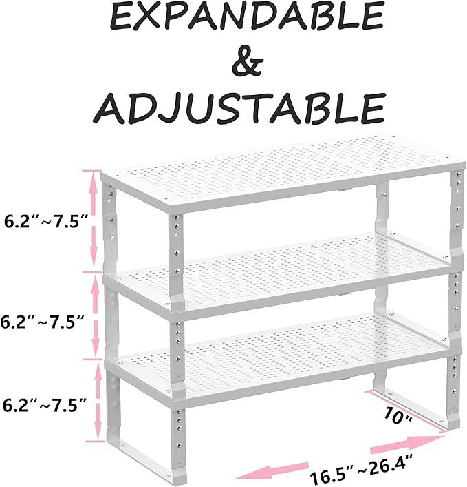 Metal Stackable Expandable Storage Shelf - Multi-Functional Home Storage Shelf, Suitable for Kitchen, Cabinet，Bathroom, Office, Garage, etc.（3PACKS/White/Large