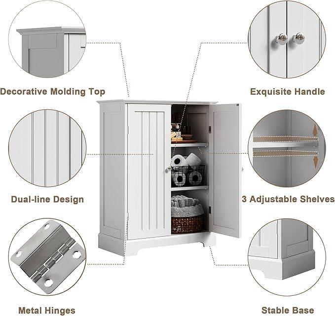 ChooChoo Bathroom Floor Cabinet, Modern Bathroom Storage Cabinet with 2 Doors and Adjustable Shelves, Freestanding Cupboard for Living Room, White