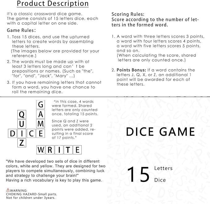 Crossword Dice Game, Word Game, Fun for Family Game Night, Festive Parties, Gatherings & On-The-Go Fun, Crossword Puzzle with 15 Large Letter Dice