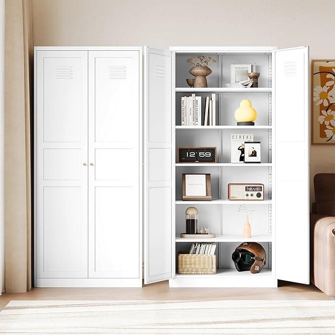 Letaya White Storage Cabinet with Adjustable Shelves-Metal Home Kitchen Pantry Cabinets with Doors,Organization Locker for Cupboard/Bedroom/Dining/Living/Bathroom/Office/Garage Room