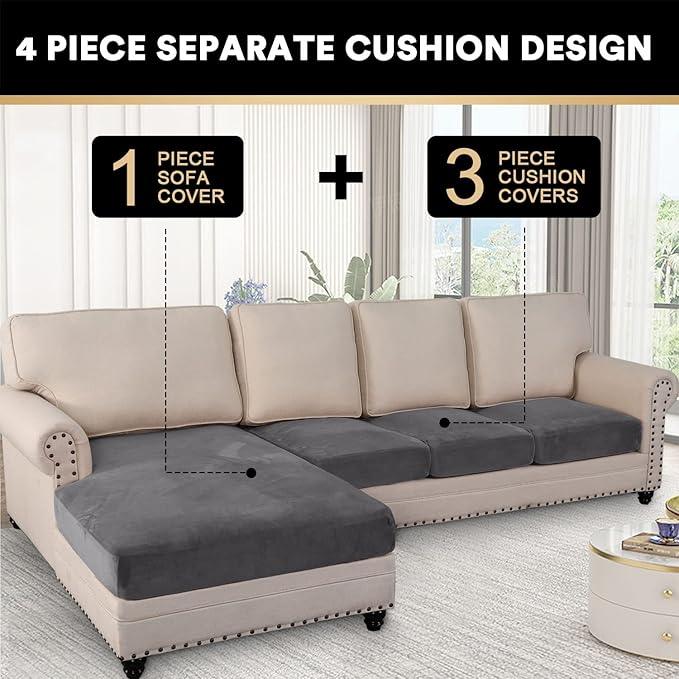 PrinceDeco Sectional Couch Covers 4 Pieces Velvet Separate Couch Cushion Covers L Shape for Left/Right Chaise Sectional Couch with Elastic Bottom (3 Seater + 1 Chaise,Grey)
