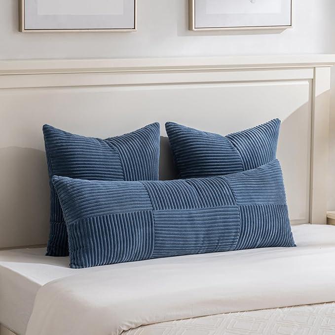 Fancy Homi 2 Packs Dusty Blue Big Decorative Throw Pillow Covers 24x24 Inch for Living Room Couch Bed, Rustic Farmhouse Boho Home Decor, Soft Corss Corduroy Patchwork Square Cushion Case 60x60 cm