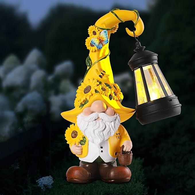 Solar Garden Decor - Sunflower Gnome Statue with Lantern 9.1
