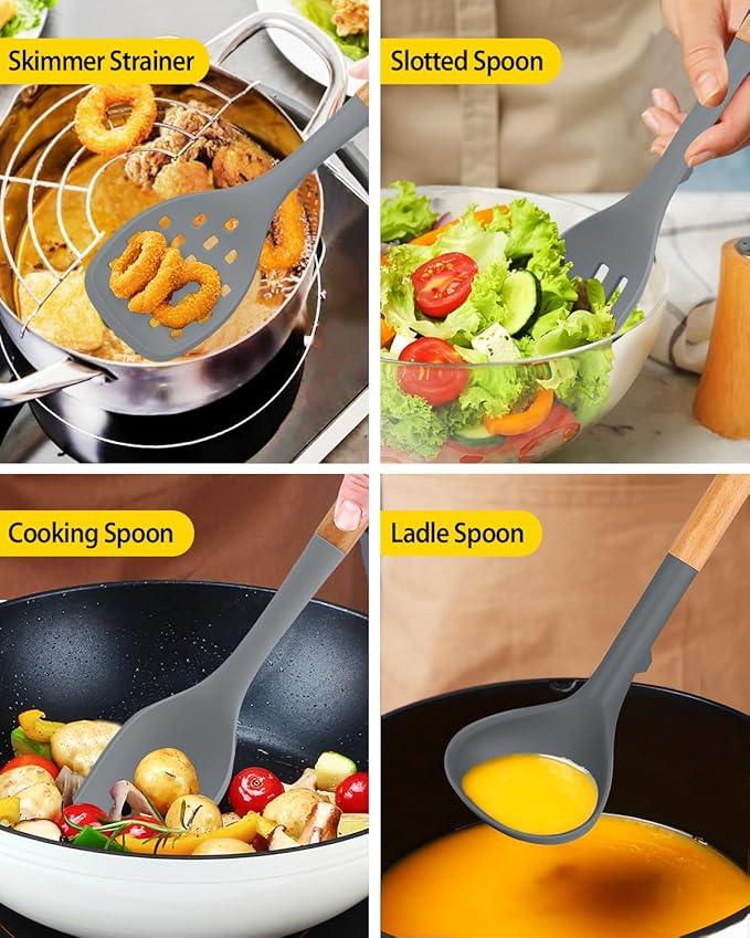 Silicone Kitchen Utensil Set for Non Stick Cookware, 7 Pcs Heat Resistant Cooking Utensils with Wooden Handle, BPA Free Kitchen Tools with Spatulas, Spoons, Skimmer and Pasta Fork (GRAY)