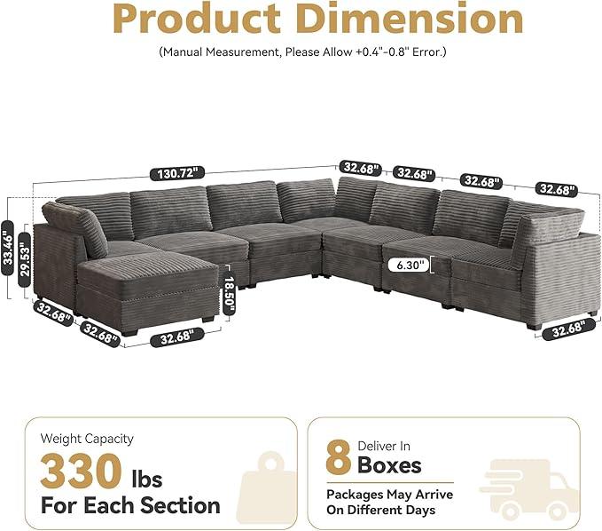 Modular Sectional Sofa with Chaise U Shaped Sectional Couch for Living Room, 8-Seater Comfy Cloud Couches with One Movable Ottoman, Plush Corduroy, Gray