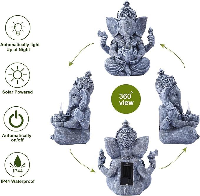 Solar Ganesha Elephant Garden Statues: Outdoor Sculptures with Lotus Lights Decor for Patio Lawn Yard Art - Gifts for Mom Grandma