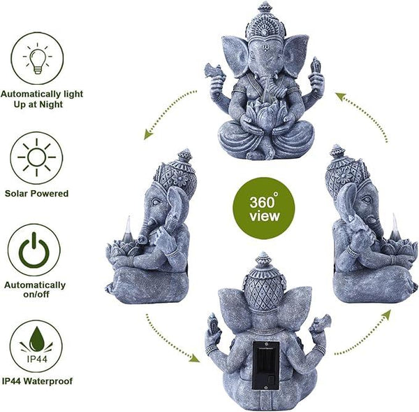 Solar Ganesha Elephant Garden Statues: Outdoor Sculptures with Lotus Lights Decor for Patio Lawn Yard Art - Gifts for Mom Grandma