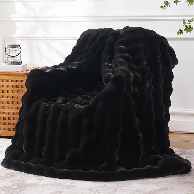 BENVWE Faux Fur Throw Blanket for Couch - Thickened Fluffy Soft Bubble Blanket for Living Room Home Decor - Fathers Day Birthday Gifts for Women Men, Black, 50