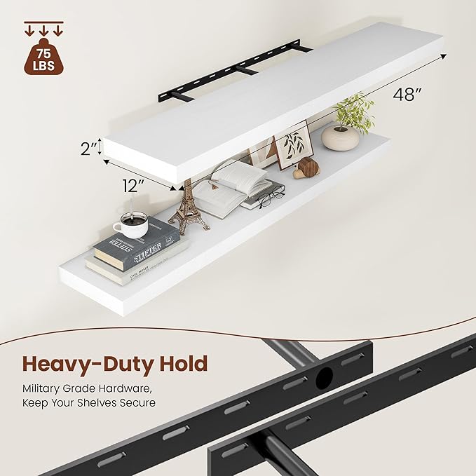 White Floating Shelves for Wall, 48 Inch X 12 Deep Shelves for Room Wall Mounted，2