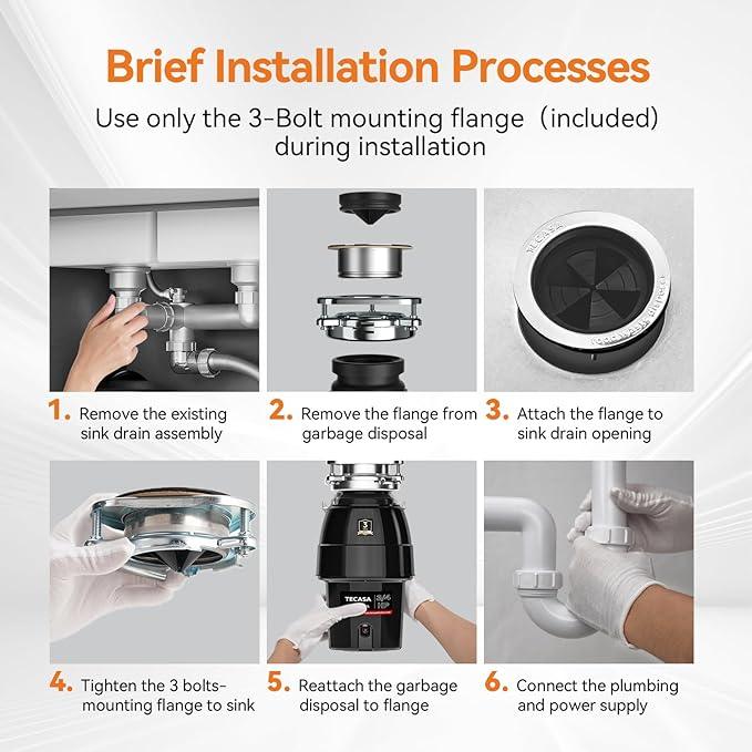 3/4 HP Garbage Disposal, TECASA Food Garbage Disposal with Power Cord, Stainless Steel Grinding System and 3-Bolt Mounting, Continuous Feed Garbage Disposals, Quiet, Taskmaid Series 75