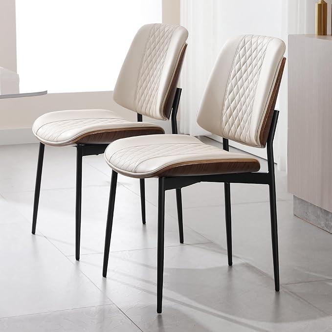 BV Dining Chairs Set of 2, PU Leather Armless Kitchen Chair in Modern Walnut Style, Mid Century Bentwood Side Chair with Metal Legs, Retro Accent Guest Chair for Kitchen Dining Room(Beige)