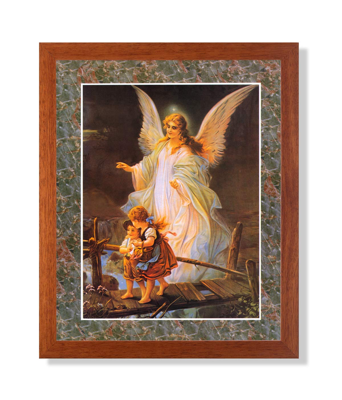 Religious Art Print – Guardian Angel Decor with Honey Frame & Glass Framed Artwork
