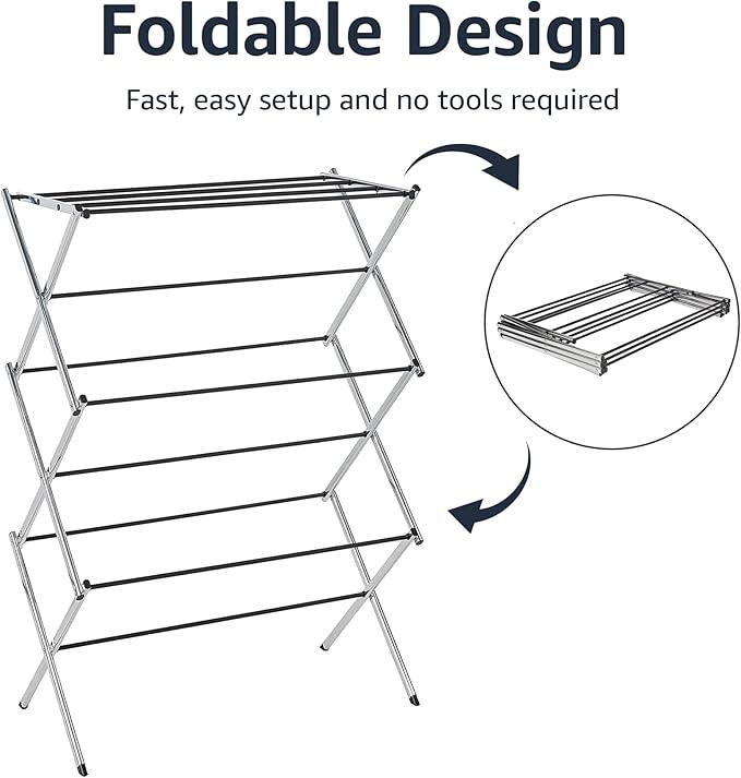 Amazon Basics Foldable Portable Laundry Drying Rack for Indoor Air Drying Clothing, 14.5 x 29.5 x 41.8 inches (LxWxH), Chrome Silver