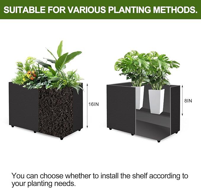 Planter Box Rectangular Block - 24×16×12IN Galvanized Steel Metal Long Box Planter Easy Installation Modern Outdoor Tall Planters All-Weather Use with Drainage Holes for Patio/Porch(Black)