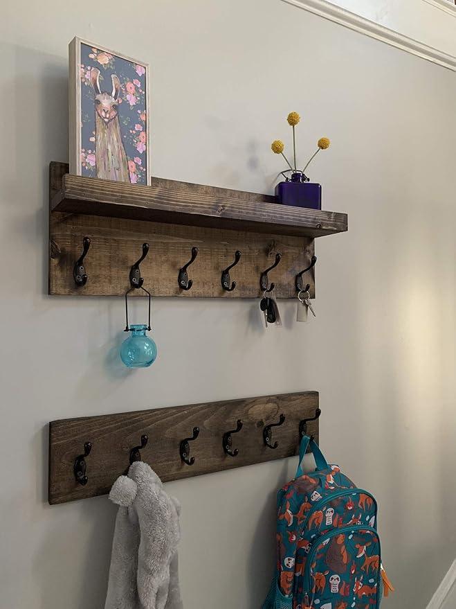 Coat Rack with Shelf Wall Mounted with Storage (Choose Your Length) Towel Rack Entryway Organizer Key Hooks (28