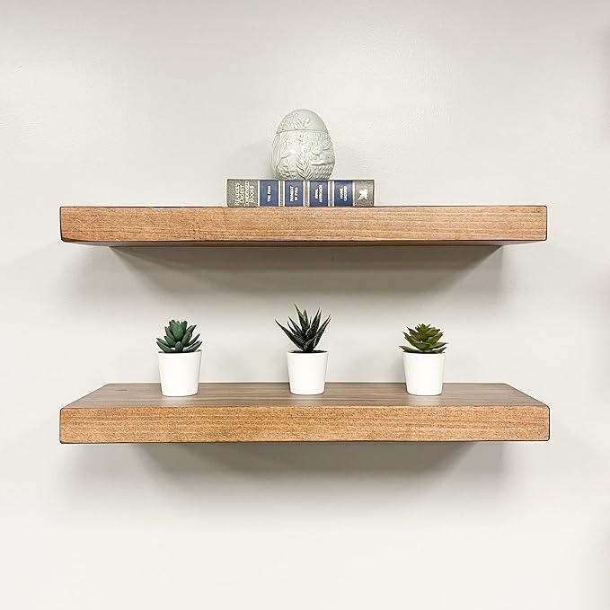 URBANDI, Rustic Floating Shelves, Set of 2, Hidden Bracket, Solid Wood, Heavy Duty, Wall Mounted Shelves, (Brown, 36Wx6D)
