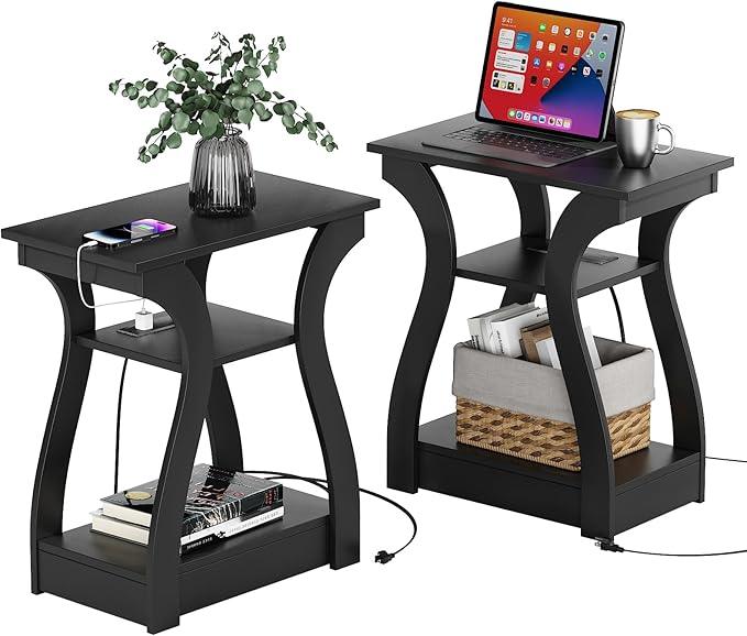 Black End Table Set of 2 with Charging Station, Side Table with USB Ports and Outlets, Black Nightstand, 3 Tier End Table with Storage Shelf for Living Room, Bedroom
