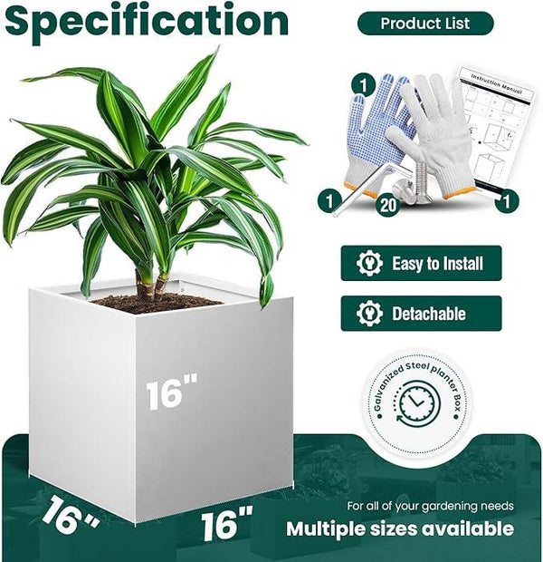 White Steel Planter Square Outdoor Planters Galvanized Steel Planter Box Indoor Metal Large Planters Cube Heavy Duty Flower Pot 16 Inch Modern Commercial Residential for Trees Patio Deck Yard Garden