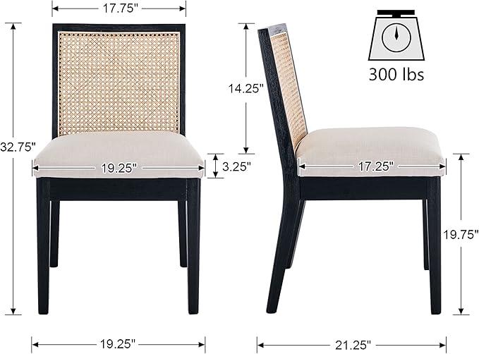 VESCASA Upholstered Dining Chairs with Square Rattan Back, Armless Padded Linen Cushion Dining Chairs with Wood Legs for Dining Room, Kitchen, Set of 6, Black Frame