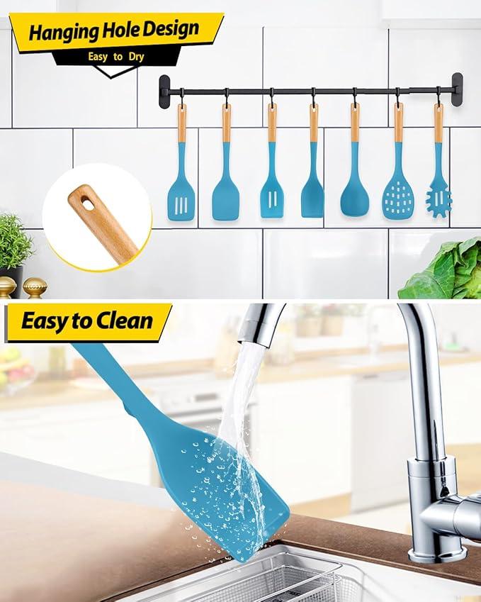 Silicone Kitchen Utensil Set for Non Stick Cookware, 7 Pcs Heat Resistant Cooking Utensils with Wooden Handle, BPA Free Kitchen Tools with Spatulas, Spoons, Skimmer and Pasta Fork (BLUE)