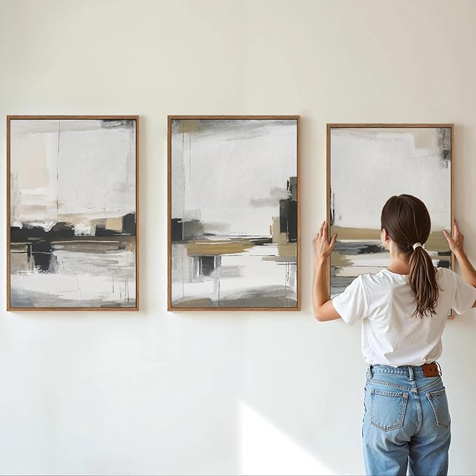 SIGNINART Beige Abstract Framed Canvas Wall Art Set, Black and White Textured Art Prints, Paint Strokes Minimalist Shapes Wall Decor, Neutral Modern Art Paintings for Living Room, Bedroom, Office 16